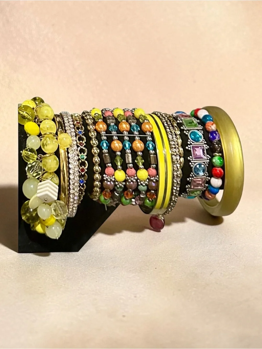 Vibrant Yellow Multicolor Stackable Bracelet Set Boho Beaded Rhinestone Bangles